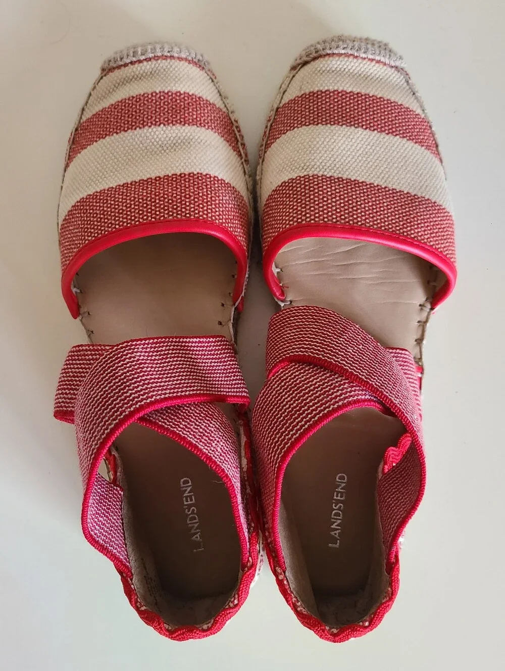 lands' end red & white striped elastic strap espadrilles size 7
